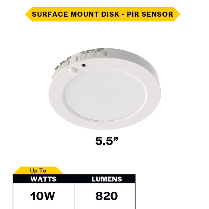 Halco DSK-5.5-CS-120V-PIR LED Surface Mount Disk Downlight 5.5 Inch 10W 820Lm CCT Selectable 2700K/3000K/3500K/4000K/5000K 120V Non-Dimmable PIR Sensor (83901)