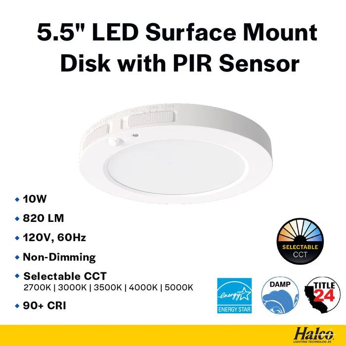 Halco DSK-5.5-CS-120V-PIR LED Surface Mount Disk Downlight 5.5 Inch 10W 820Lm CCT Selectable 2700K/3000K/3500K/4000K/5000K 120V Non-Dimmable PIR Sensor (83901)