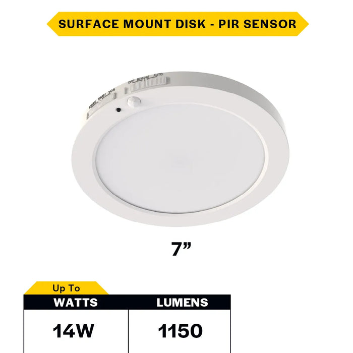 Halco DSK-7-CS-120V-PIR LED Surface Mount Disk Downlight 7 Inch 14W 1150Lm CCT Selectable 2700K/3000K/3500K/4000K/5000K 120V Non-Dimmable PIR Sensor (83902)