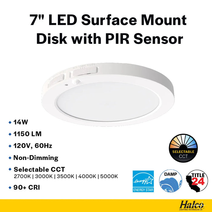 Halco DSK-7-CS-120V-PIR LED Surface Mount Disk Downlight 7 Inch 14W 1150Lm CCT Selectable 2700K/3000K/3500K/4000K/5000K 120V Non-Dimmable PIR Sensor (83902)