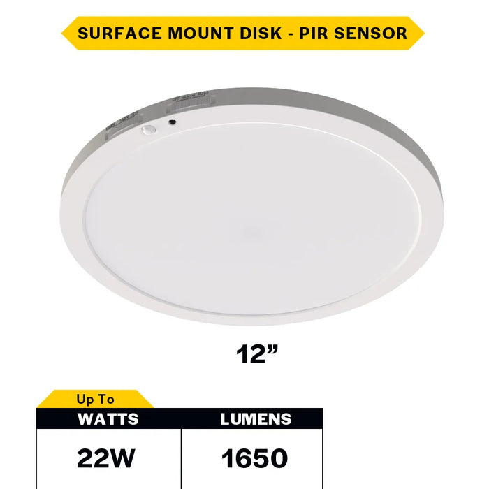 Halco DSK-12-CS-120V-PIR LED Surface Mount Disk Downlight 12 Inch 22W 1650Lm CCT Selectable 2700K/3000K/3500K/4000K/5000K 120V Non-Dimmable PIR Sensor (83904)