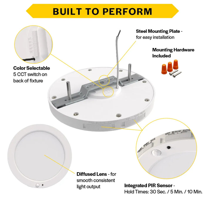 Halco DSK-12-CS-120V-PIR LED Surface Mount Disk Downlight 12 Inch 22W 1650Lm CCT Selectable 2700K/3000K/3500K/4000K/5000K 120V Non-Dimmable PIR Sensor (83904)