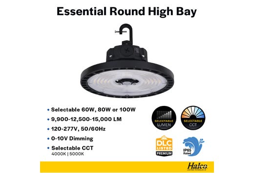 Halco ERHB-1-LS-CS-U Essential Round LED High Bay Wattage/CCT Selectable 60W/80W/100W 4000K/5000K 120-277V 0-10V Dimming Black (37310)