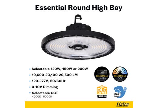 Halco ERHB-3-LS-CS-U Essential Round LED High Bay Wattage/CCT Selectable 120W/150W/200W 4000K/5000K 120-277V 0-10V Dimming Black (37312)