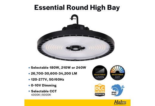 Halco ERHB-4-LS-CS-U Essential Round LED High Bay Wattage/CCT Selectable 180W/210W/240W 4000K/5000K 120-277V 0-10V Dimming Black (37313)
