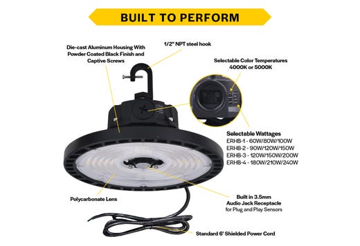 Halco ERHB-4-LS-CS-U Essential Round LED High Bay Wattage/CCT Selectable 180W/210W/240W 4000K/5000K 120-277V 0-10V Dimming Black (37313)
