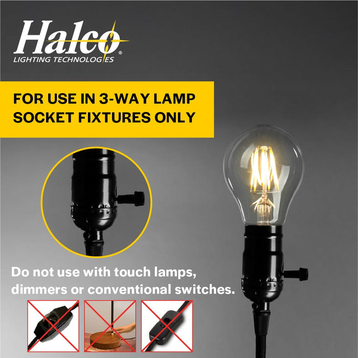 Halco A19-CL-FLED4-930-E26-3WD LED Filament A19 Lamp E26 Base 3000K 3-Way 3.3W/5.5W/8.8W Lumen Selectable 300Lm/500Lm/800Lm 90 CRI 120V Clear Dimmable (82714)