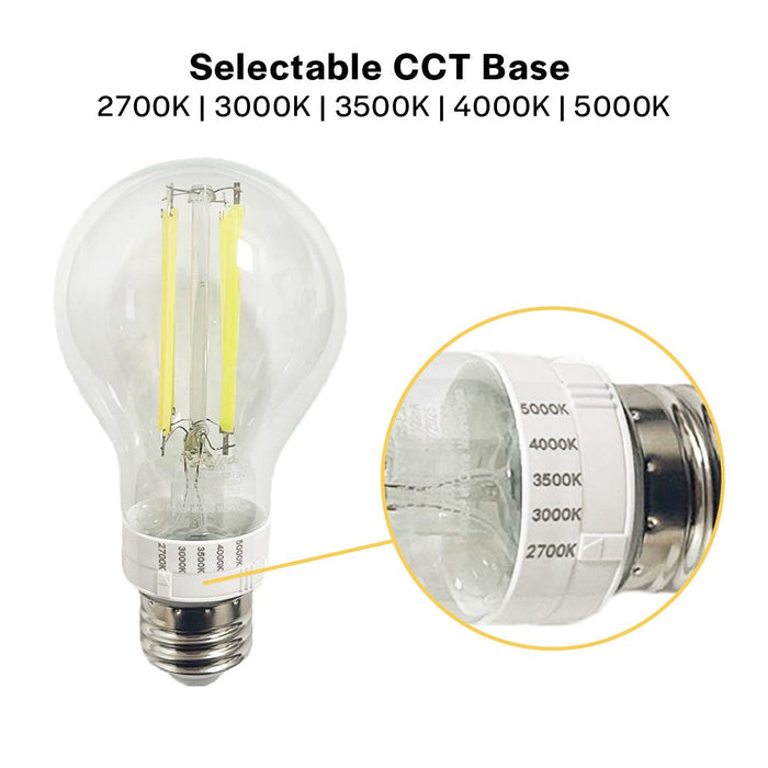 Halco 9A19-CL-FLED4-9CS-E26-D LED Filament A19 Lamp E26 Base CCT Selectable 2700K/3000K/3500K/4000K/5000K 8.8W 800Lm Clear 90 CRI 120V Dimmable (82533)