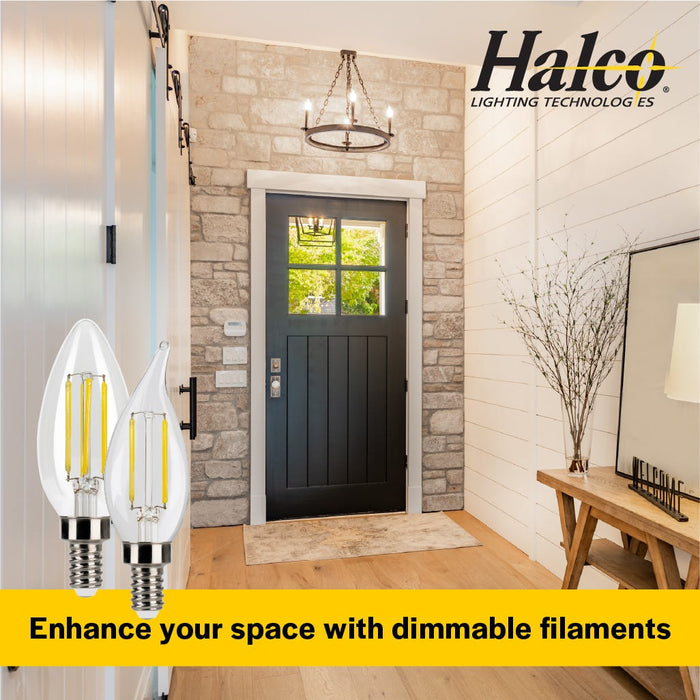 Halco 6B11-CL-FLED4-927-E12-D-T24 LED Filament B11 Lamp Candelabra E12 Base 2700K 5.5W 500Lm Clear 90 CRI 120V Dimmable (82555)