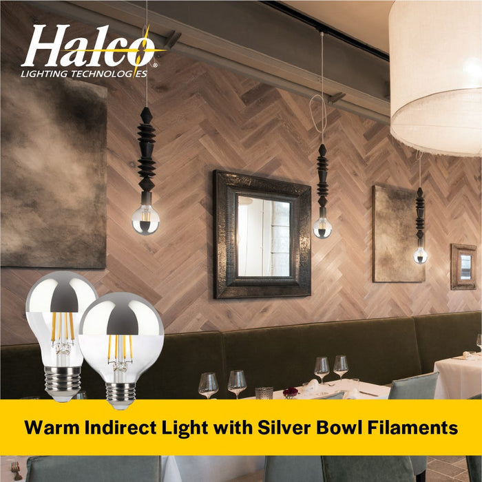 Halco 9A19-CL-FLED4-927-E26-D-SB LED Filament A19 Silver Bowl Lamp Medium E26 Base 2700K 8.8W 800Lm Clear 90 CRI 120V Dimmable (82711)