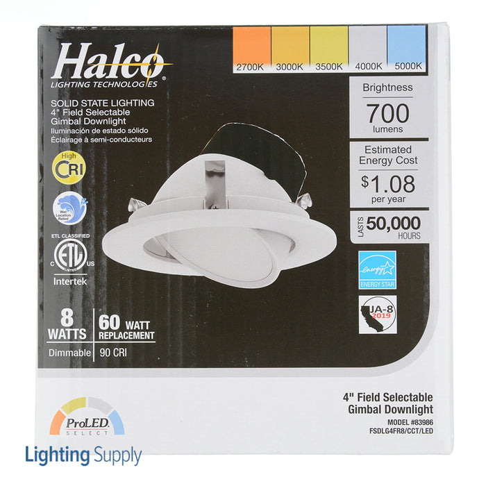 Halco FSDLG4FR8/CCT/LED Field Selectable Gimbal Downlight 4 Inch 8W 2700K 5000K Dimmable JA-8 ProLED Selectable (83986)