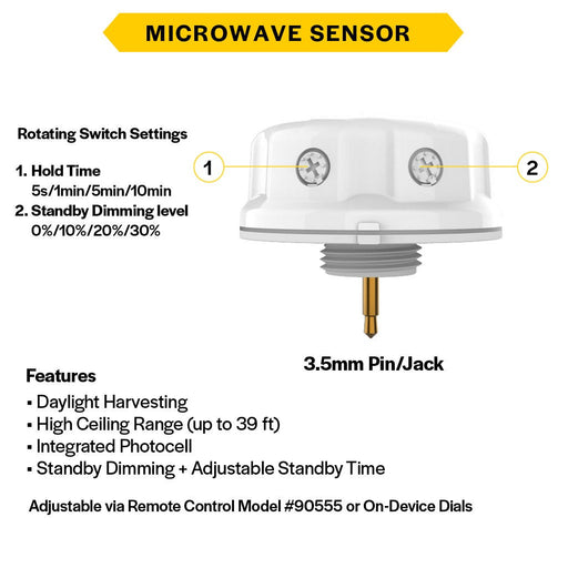 Halco HSN-SEN-MS-DAY-010-3.5-WH Haisen Microwave Sensor 12VDC Input 0-10V Dimming With Daylight Harvesting And Photocell Function 3.5Mm Audio Pin White (37324)