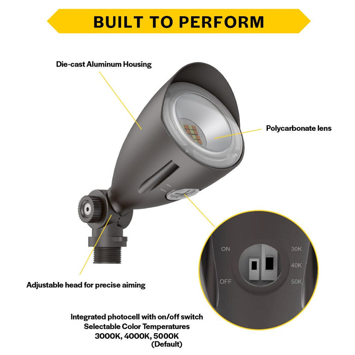 Halco MBUL-10-CS-U-BZ LED Mini Bullet Flood 10W CCT Selectable 3000K/4000K/5000K 120-277V 60 Degree Beam Angle Non-Dimmable Bronze With Optional Photocell (25590)