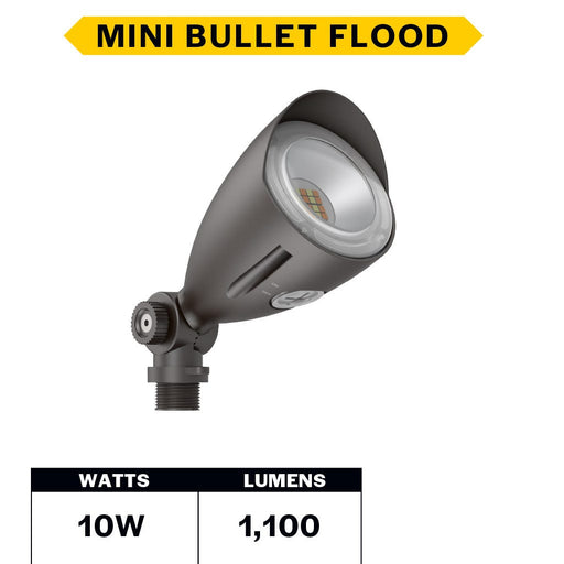 Halco MBUL-10-CS-U-BZ LED Mini Bullet Flood 10W CCT Selectable 3000K/4000K/5000K 120-277V 60 Degree Beam Angle Non-Dimmable Bronze With Optional Photocell (25590)