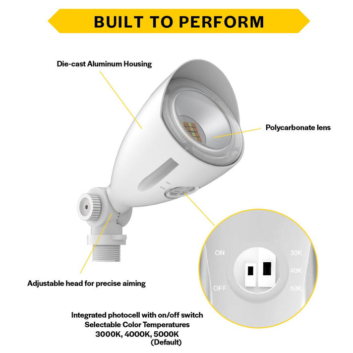Halco MBUL-10-CS-U-WH LED Mini Bullet Flood 10W CCT Selectable 3000K/4000K/5000K 120-277V 60 Degree Beam Angle Non-Dimmable White With Optional Photocell (25591)