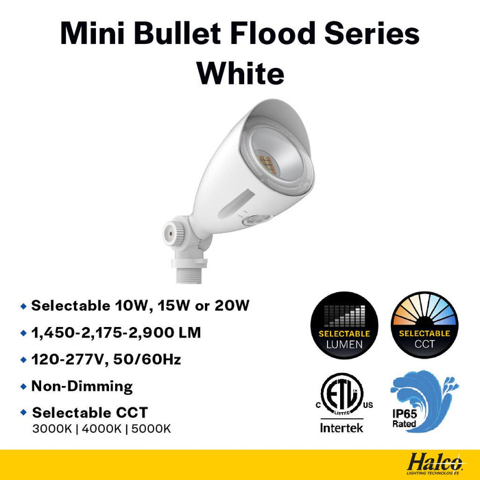 Halco MBUL-10-CS-U-WH LED Mini Bullet Flood 10W CCT Selectable 3000K/4000K/5000K 120-277V 60 Degree Beam Angle Non-Dimmable White With Optional Photocell (25591)