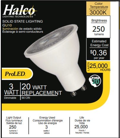 Halco MR16M3-G10-LED LED MR16 Flood 3W 3000K GU10 Base 40 Degree 120V 250Lm Dimmable (20008)