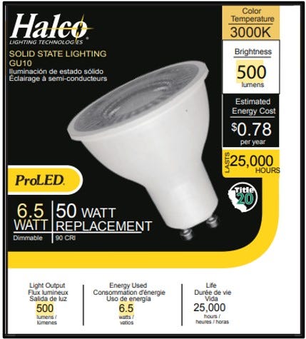 Halco MR16W7-GU10-LED LED MR16 Wide Flood 7W 3000K GU10 Base 60 Degree 120V 500Lm Dimmable (20012)