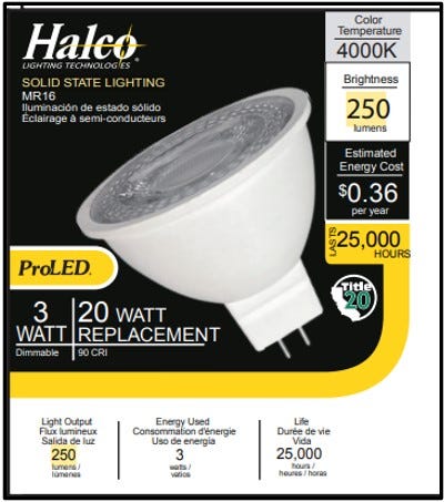 Halco MR16M3-GU5.3-LED LED MR16 Flood 3W 4000K GU5.3 Base 40 Degree 12V 250Lm Dimmable (20013)