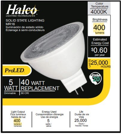 Halco MR16M5-GU5.3-LED LED MR16 Flood 5W 4000K GU5.3 Base 40 Degree 12V 400Lm Dimmable (20014)