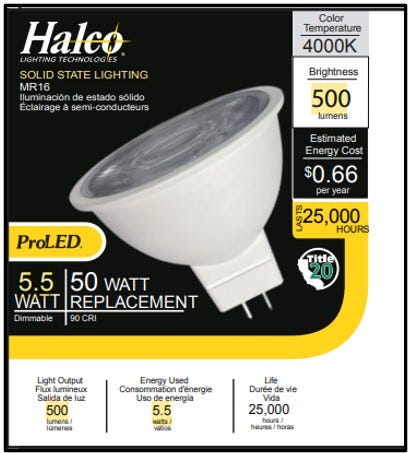 Halco MR16T7-GU5.3-LED LED MR16 Narrow Flood 7W 4000K GU5.3 Base 25 Degree 12V 500Lm Dimmable (20015)