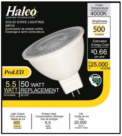 Halco MR16W7-GU5.3-LED LED MR16 Wide Flood 7W 4000K GU5.3 Base 60 Degree 12V 500Lm Dimmable (20017)