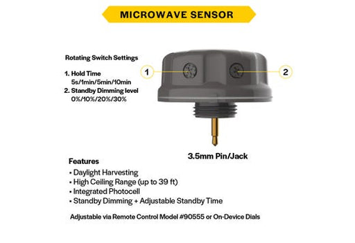 Halco HSN-SEN-PIR-DAY-010-3.5-BK Haisen PIR Sensor 12VDC Input 0-10V Dimming With Daylight Harvesting And Photocell Function 3.5mm Audio Pin Black For High Bays(37314)