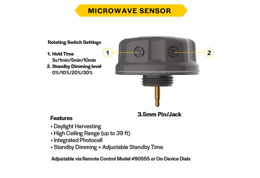 Halco HSN-SEN-PIR-DAY-010-3.5-BK Haisen PIR Sensor 12VDC Input 0-10V Dimming With Daylight Harvesting And Photocell Function 3.5mm Audio Pin Black For High Bays(37314)