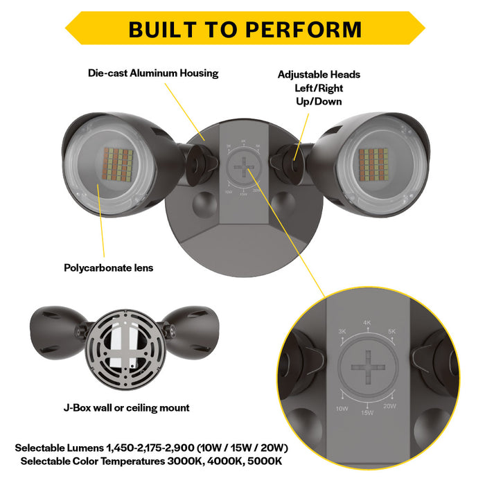 Halco PFL-LS-CS-U-BZ Patrol LED Security Flood Dual Heads Selectable 1450Lm/2175Lm/2900Lm 10W/15W/20W 3000K/4000K/5000K 120-277 VAC Bronze No Motion Sensor (25596)