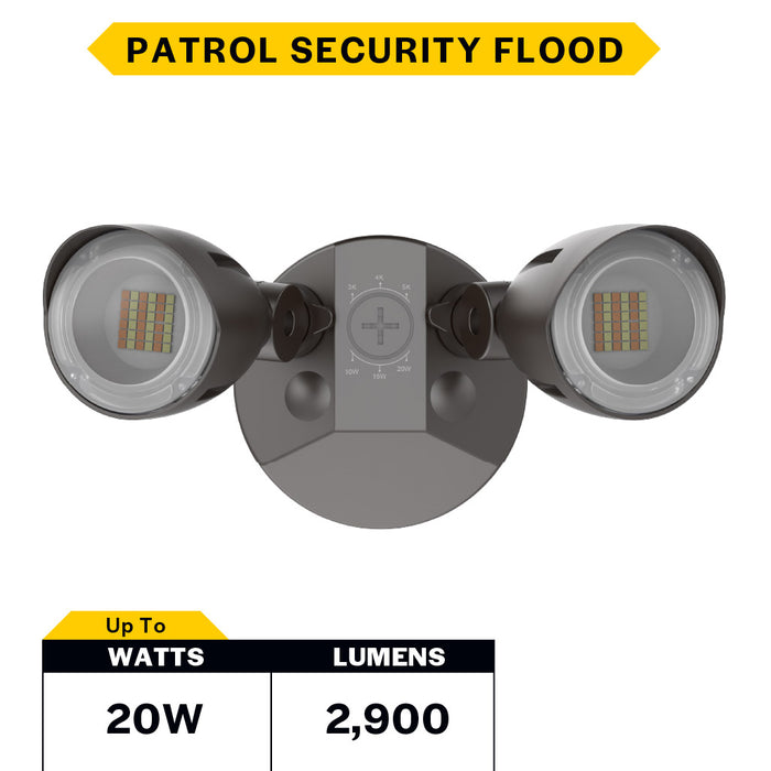 Halco PFL-LS-CS-U-BZ Patrol LED Security Flood Dual Heads Selectable 1450Lm/2175Lm/2900Lm 10W/15W/20W 3000K/4000K/5000K 120-277 VAC Bronze No Motion Sensor (25596)