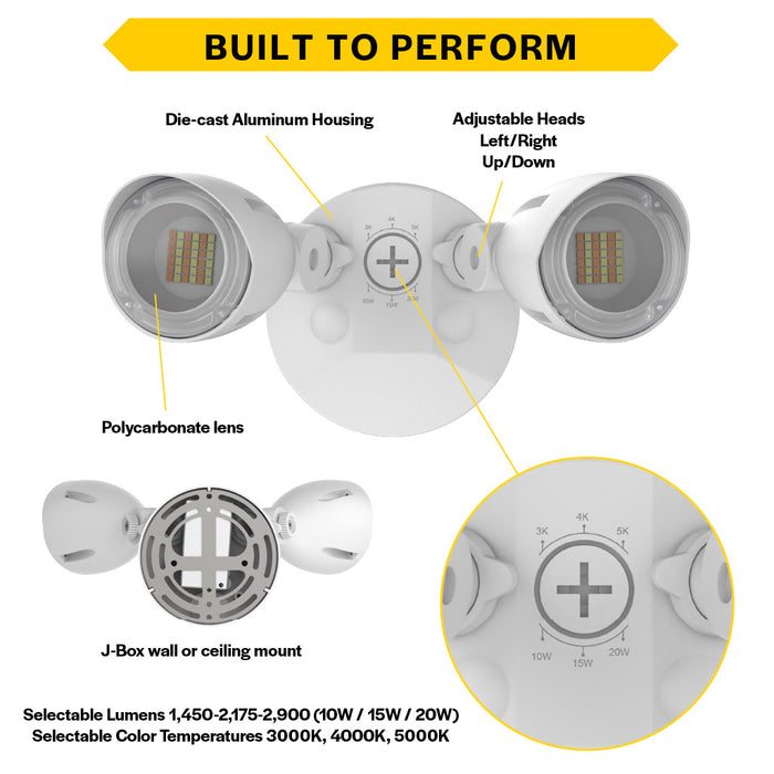 Halco PFL-LS-CS-U-WH Patrol LED Security Flood Dual Heads Selectable 1450Lm/2175Lm/2900Lm 10W/15W/20W 3000K/4000K/5000K 120-277 VAC White No Motion Sensor (25597)