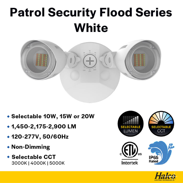 Halco PFL-LS-CS-U-WH Patrol LED Security Flood Dual Heads Selectable 1450Lm/2175Lm/2900Lm 10W/15W/20W 3000K/4000K/5000K 120-277 VAC White No Motion Sensor (25597)
