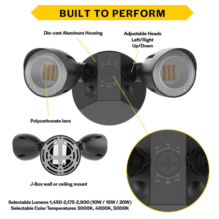 Halco PFL-LS-CS-U-BL Patrol LED Security Flood Dual Heads Selectable 1450Lm/2175Lm/2900Lm 10W/15W/20W 3000K/4000K/5000K 120-277 VAC Black No Motion Sensor (25598)