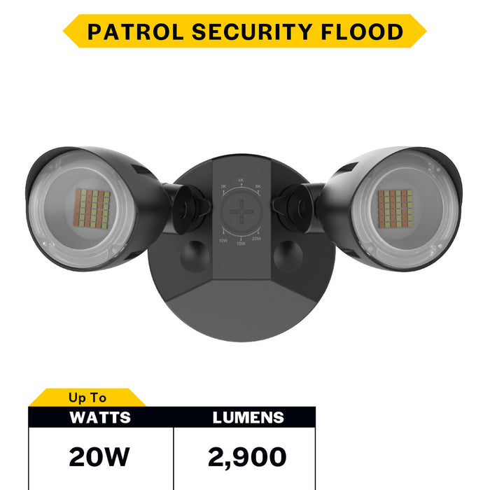 Halco PFL-LS-CS-U-BL Patrol LED Security Flood Dual Heads Selectable 1450Lm/2175Lm/2900Lm 10W/15W/20W 3000K/4000K/5000K 120-277 VAC Black No Motion Sensor (25598)