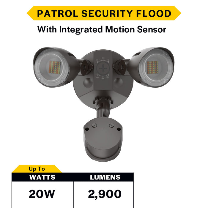 Halco PFL-LS-CS-U-BZ-SR Patrol LED Security Flood Dual Heads Selectable 1450Lm/2175Lm/2900Lm 10W/15W/20W 3000K/4000K/5000K 120-277 VAC Bronze With Motion Sensor (25593)