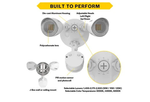 Halco PFL-LS-CS-U-WH-SR Patrol LED Security Flood Dual Heads Selectable 1450Lm/2175Lm/2900Lm 10W/15W/20W 3000K/4000K/5000K 120-277 VAC White With Motion Sensor (25594)