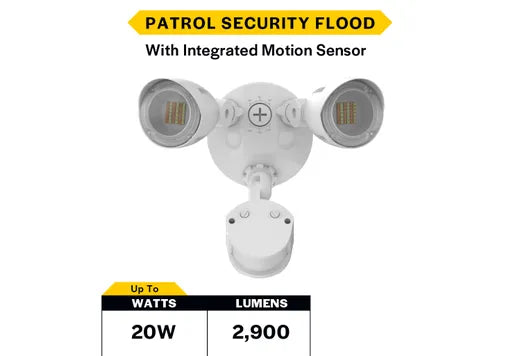 Halco PFL-LS-CS-U-WH-SR Patrol LED Security Flood Dual Heads Selectable 1450Lm/2175Lm/2900Lm 10W/15W/20W 3000K/4000K/5000K 120-277 VAC White With Motion Sensor (25594)