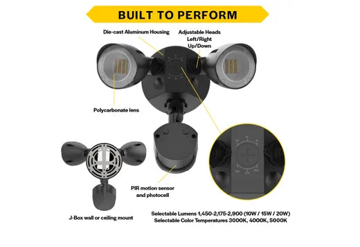 Halco PFL-LS-CS-U-BL-SR Patrol LED Security Flood Dual Heads Selectable 1450Lm/2175Lm/2900Lm 10W/15W/20W 3000K/4000K/5000K 120-277 VAC Black With Motion Sensor (25595)
