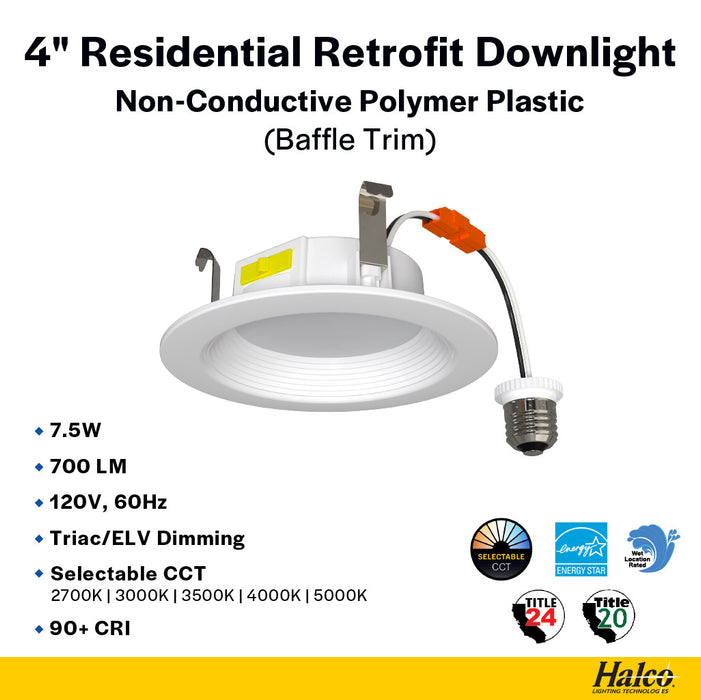 Halco RDLC-4-CS-BT-120V Residential Retrofit Downlight 4 Inch 700lm 7.5W CCT Selectable 2700K/3000K/3500K/4000K/5000K Baffle Trim 120V Triac Dimming (89015)