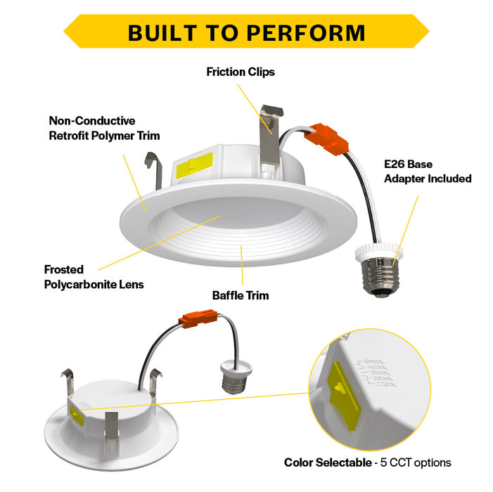 Halco RDLC-4-CS-BT-120V Residential Retrofit Downlight 4 Inch 700lm 7.5W CCT Selectable 2700K/3000K/3500K/4000K/5000K Baffle Trim 120V Triac Dimming (89015)