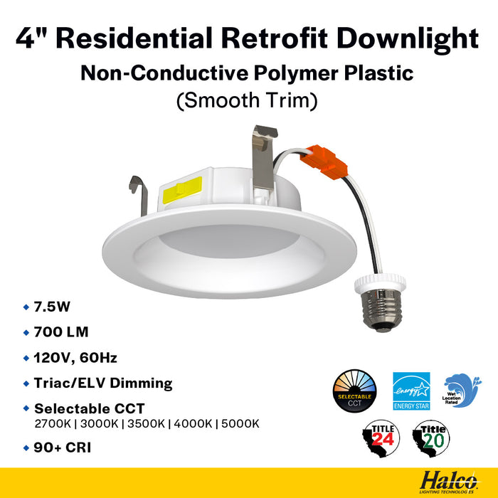 Halco RDLC-4-CS-ST-120V Residential Retrofit Downlight 4 Inch 700lm 7.5W CCT Selectable 2700K/3000K/3500K/4000K/5000K Smooth Trim 120V Triac Dimming (89016)
