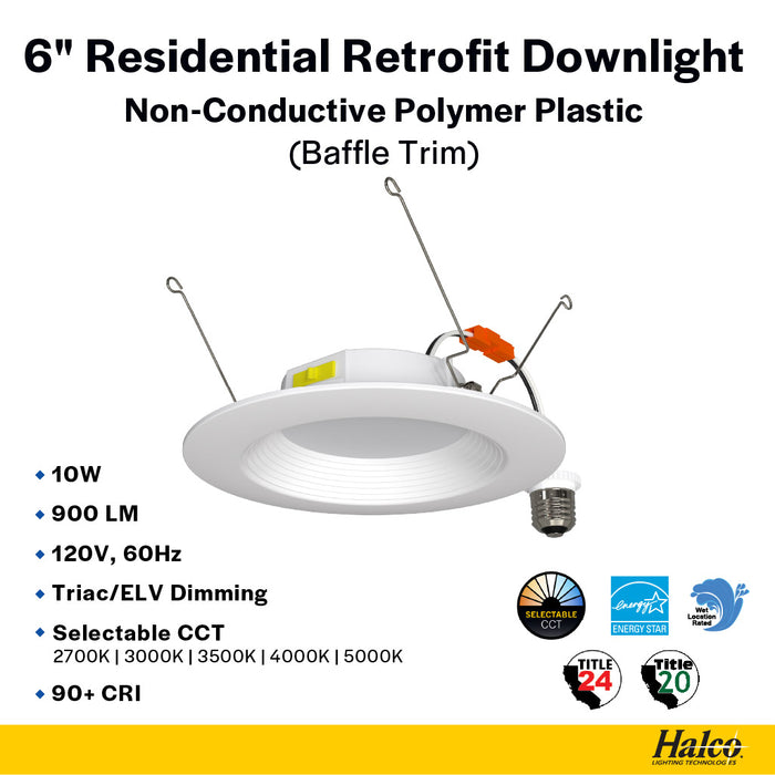 Halco RDLC-6-CS-BT-120V Residential Retrofit Downlight 6 Inch 900lm 10W CCT Selectable 2700K/3000K/3500K/4000K/5000K Baffle Trim 120V Triac Dimming (89017)