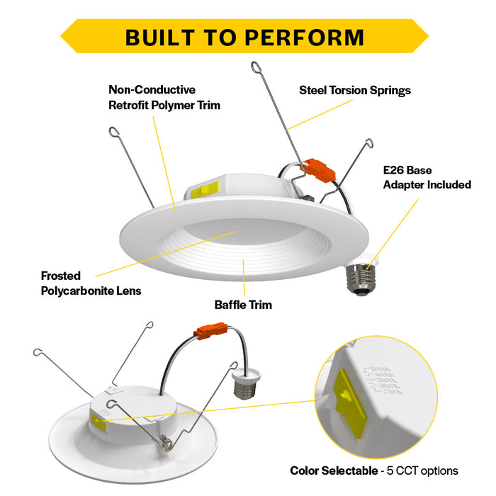 Halco RDLC-6-CS-BT-120V Residential Retrofit Downlight 6 Inch 900lm 10W CCT Selectable 2700K/3000K/3500K/4000K/5000K Baffle Trim 120V Triac Dimming (89017)
