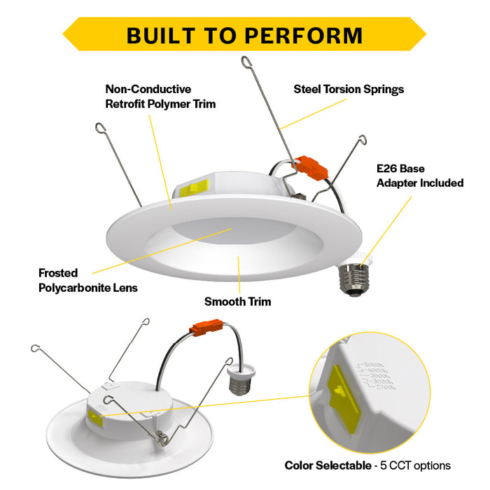 Halco RDLC-6-CS-ST-120V Residential Retrofit Downlight 6 Inch 900lm 10W CCT Selectable 2700K/3000K/3500K/4000K/5000K Smooth Trim 120V Triac Dimming (89018)