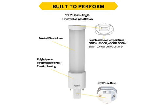 Halco PLS3H-8CS-HYB-G23-LED2 LED Single Tube Horizontal Plug-In Lamp G23 2-Pin Base 3.5W CCT Selectable 3000K/3500K/4000K/5000K Hybrid Type A Type B Non-Dimmable (82844)