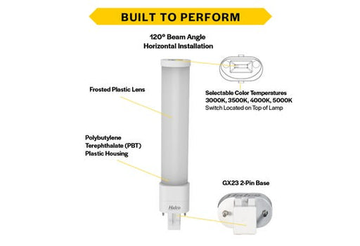Halco PLS5H-8CS-HYB-GX23-LED2 LED Single Tube Horizontal Plug-In Lamp GX23 2-Pin Base 5.5W CCT Selectable 3000K/3500K/4000K/5000K Hybrid Type A Type B Non-Dimmable (82845)