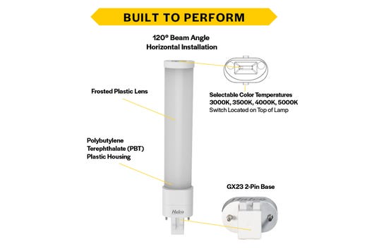 Halco PLS5H-8CS-HYB-GX23-LED2 LED Single Tube Horizontal Plug-In Lamp GX23 2-Pin Base 5.5W CCT Selectable 3000K/3500K/4000K/5000K Hybrid Type A Type B Non-Dimmable (82845)