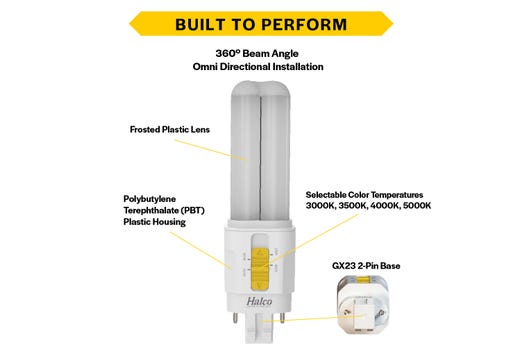 Halco PLD5O-8CS-HYB-GX23-LED2 LED Double Tube Omni-Directional Plug-In Lamp GX23 2-Pin Base 5.5W CCT Selectable 3000K/3500K/4000K/5000K Hybrid Type A Type B Non-Dimmable (82846)