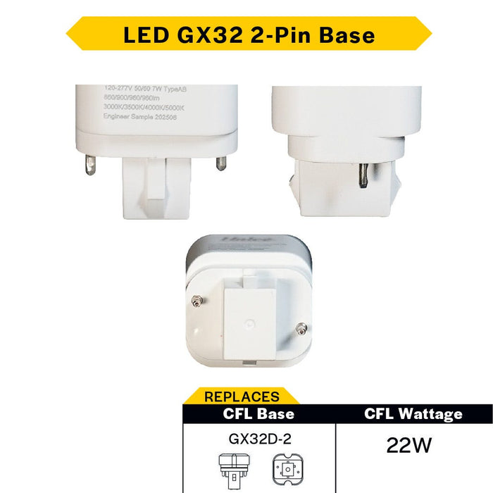 Halco PLD7O-8CS-HYB-GX32-LED2 LED Double Tube Omni-Directional Plug-In Lamp Gx32 2-Pin Base 7W CCT Selectable 3000K/3500K/4000K/5000K Hybrid Type A-Type B Non-Dimmable (82847)