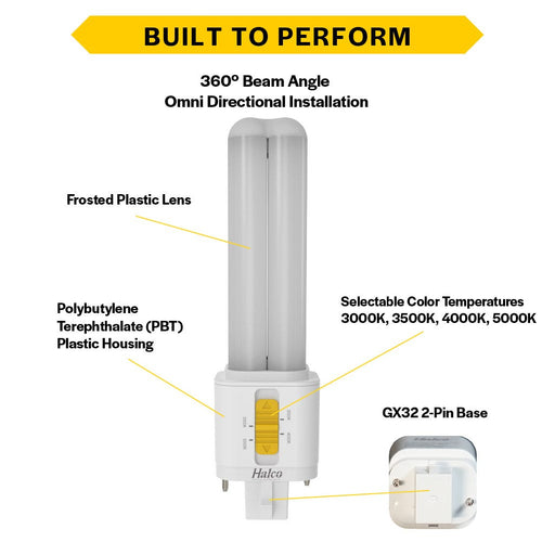 Halco PLD7O-8CS-HYB-GX32-LED2 LED Double Tube Omni-Directional Plug-In Lamp Gx32 2-Pin Base 7W CCT Selectable 3000K/3500K/4000K/5000K Hybrid Type A-Type B Non-Dimmable (82847)